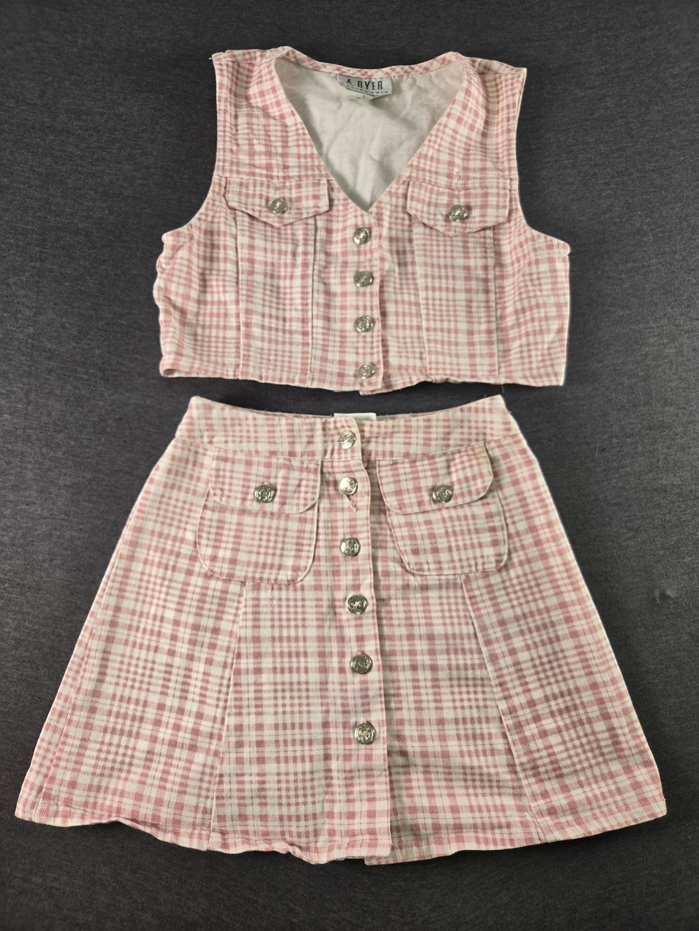 Vtg A. Byer Skirt Vest Set Juniors 3 Pink Gingham Crop Button Front 2 Piece 90s